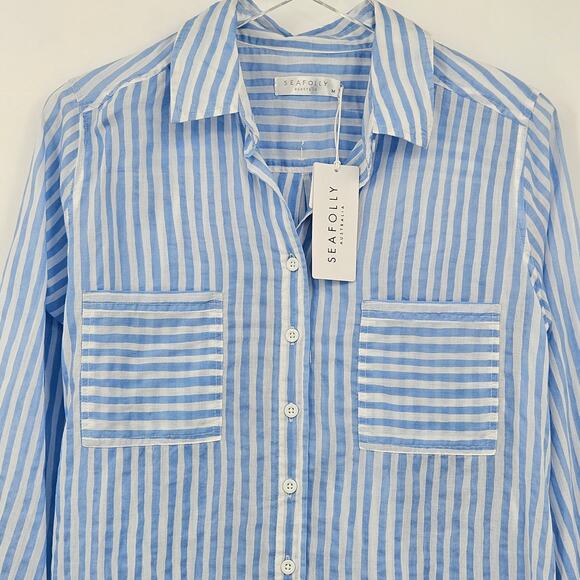 Seafolly Beach Shirt‎ in Powder Blue Striped NEW Size Medium - Picture 6 of 10